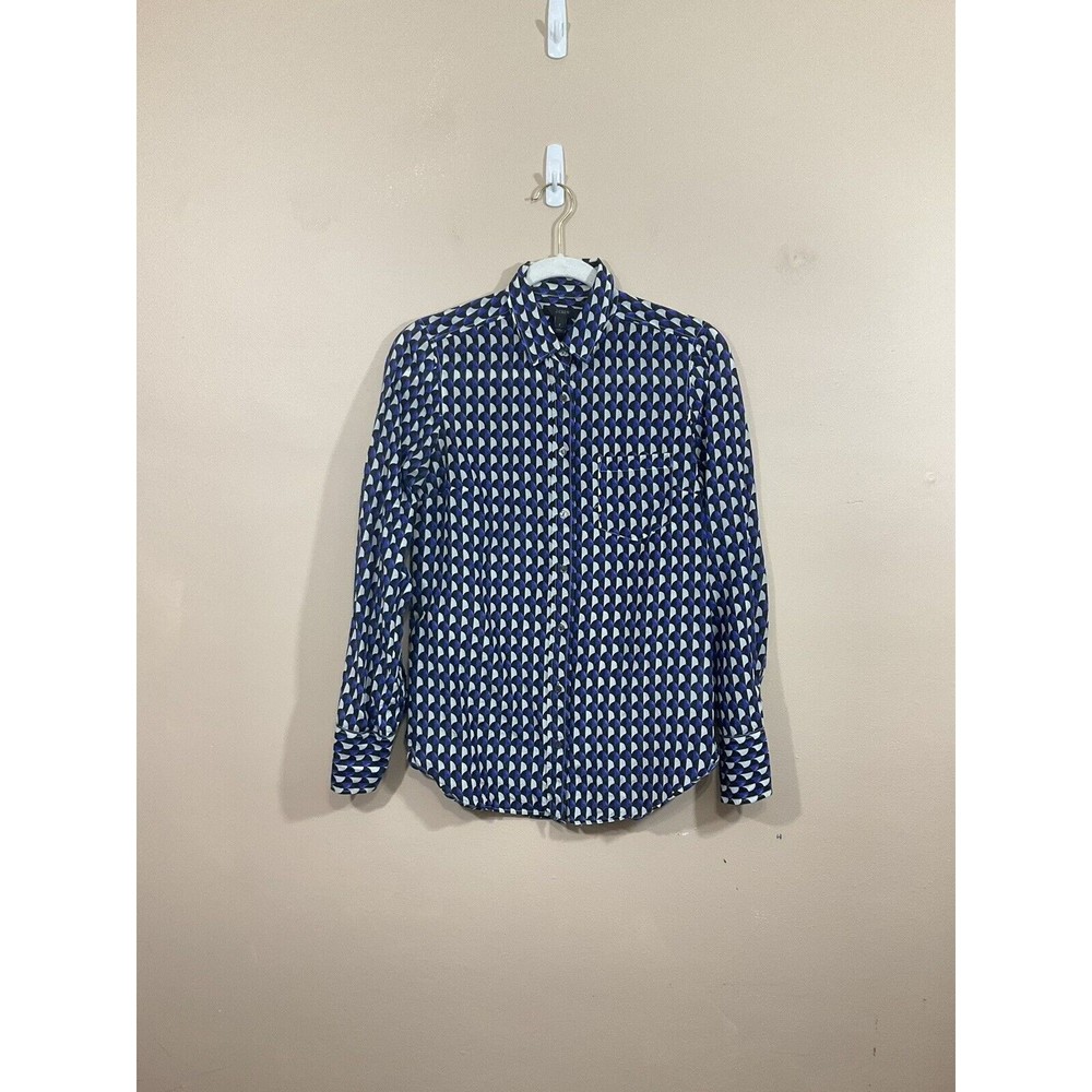 J. Crew Womens Jet Set Go Geo Button Down Boy Shirt Size 2 Silk Blend Coastal